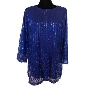 NWT Bob Mackie Royal Blue Lined Sequin Embellished Blouse Size Small